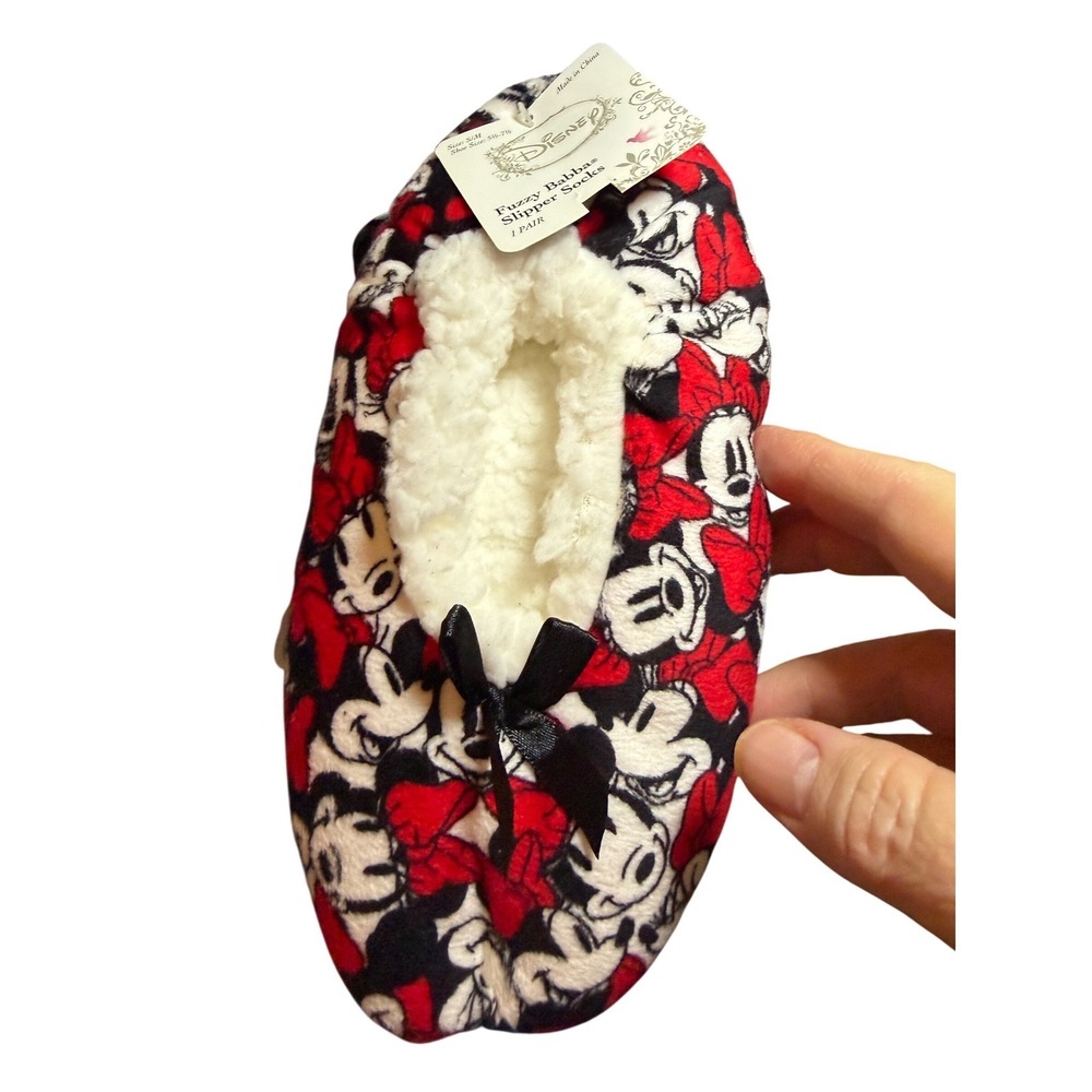 Disney Minnie Mouse‎ Fuzzy Slipper Socks Kids SM 5.5-7.5 Red Sherpa Lined NWT